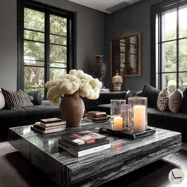 a squre marble coffee table styled with coffee table books for a stylish look