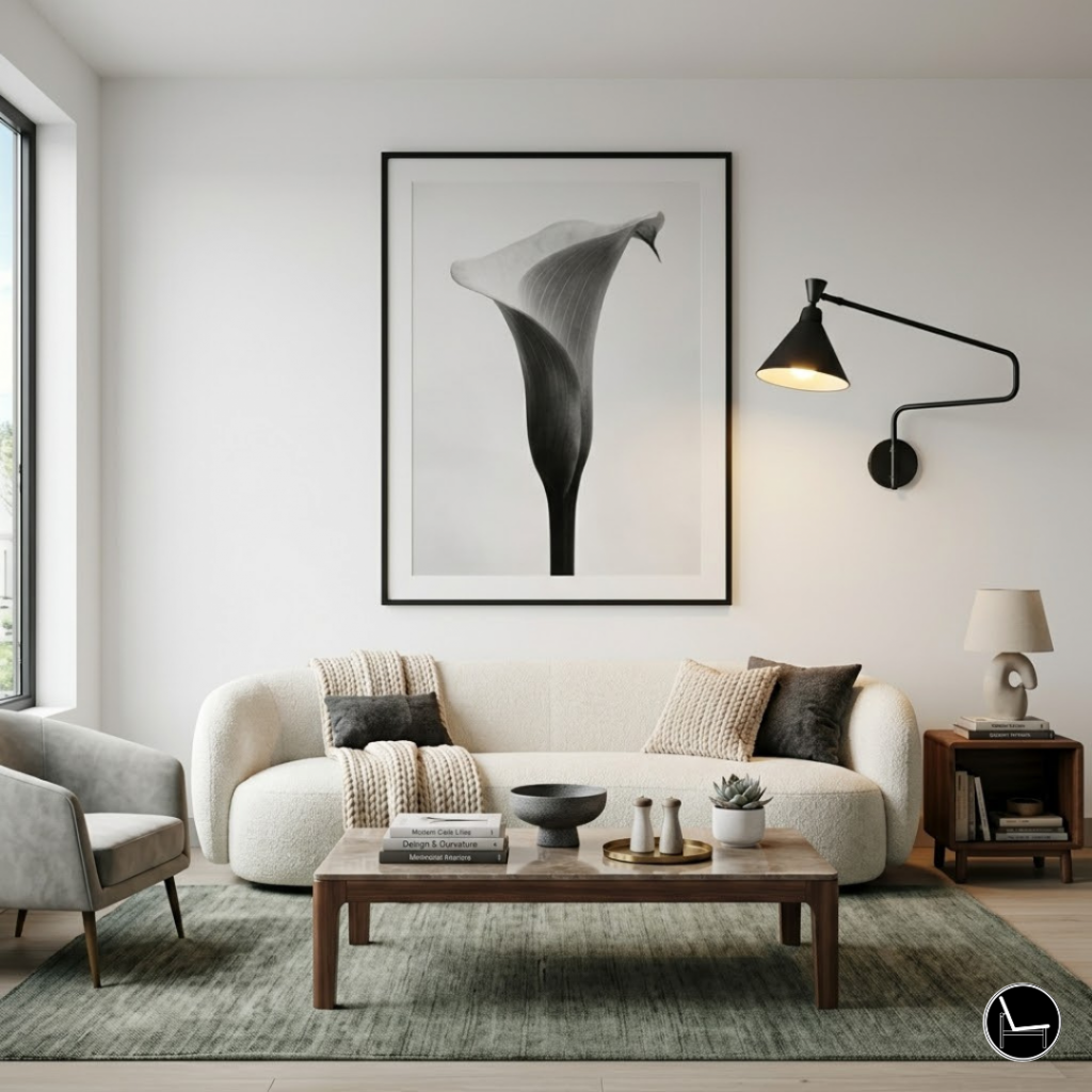 chic modern living room with a wire long arm wall sconce