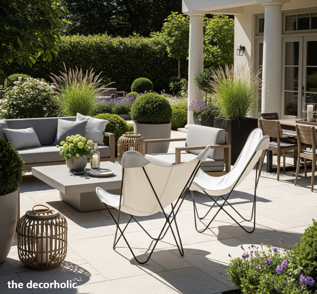 modern patio with a set of white canva butterfly chairs