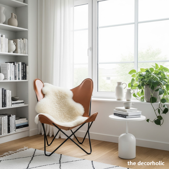 tan leather butterfly chair with a sheepskin rug on the back, in a modern all white reading nook