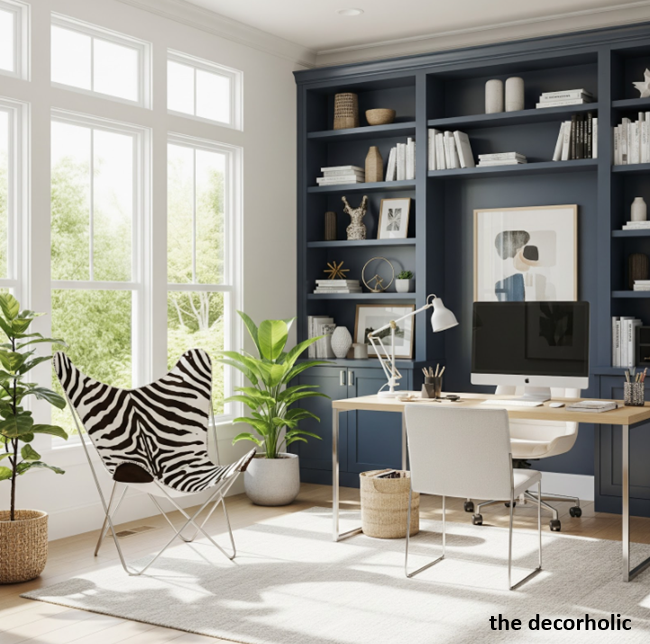 zebra cowhide butterfly chair in a modern home office as an alternative seating with navy blue built-in shelves