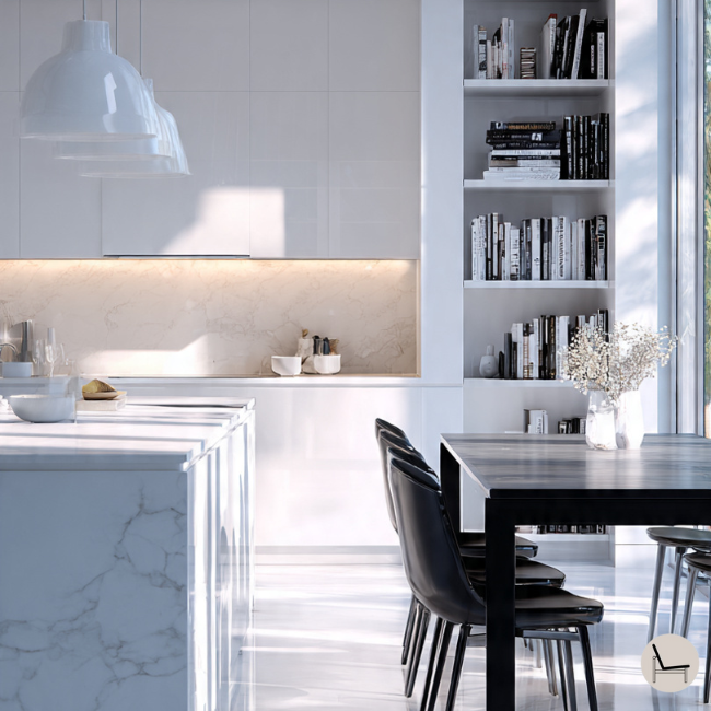 masculine ultra modern kitchen and dining room combo in a black and white color palette