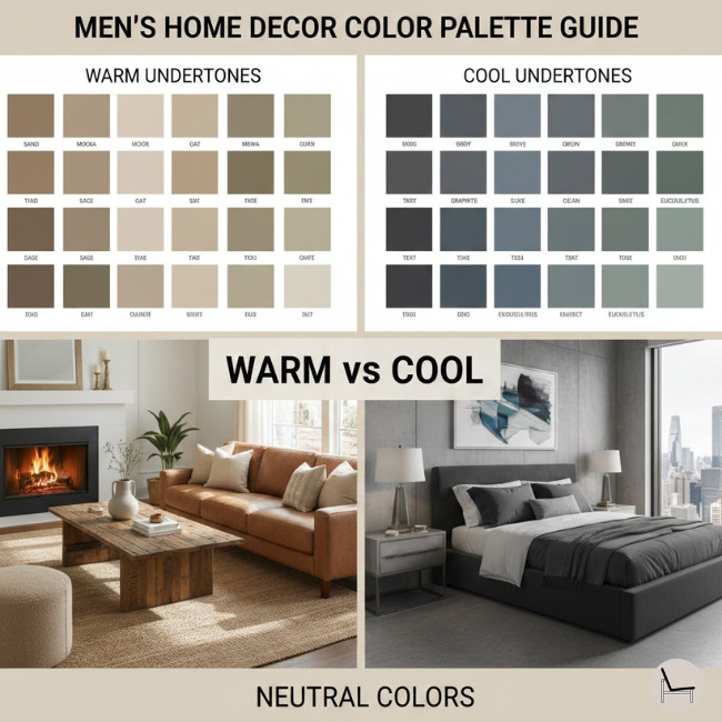Men's home decor color palette guide showing warm versus cool undertones in neutral colors