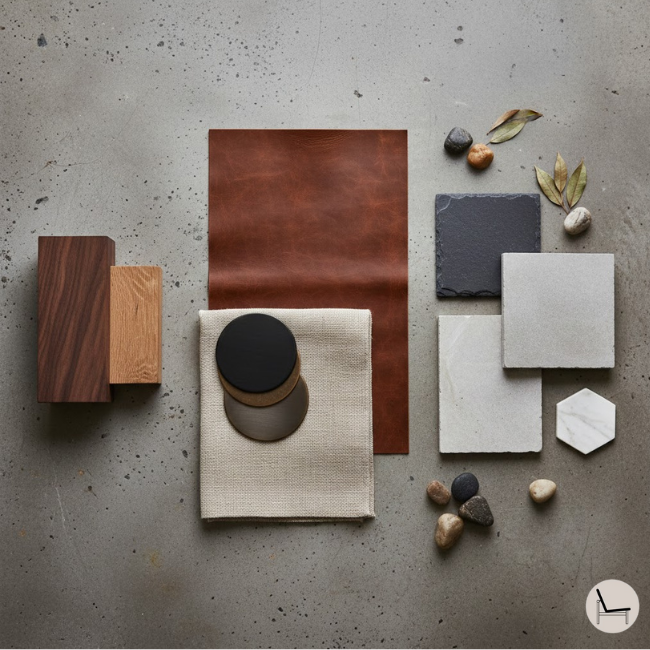 Masculine living room material palette showing leather, walnut wood, black metal, and linen textures