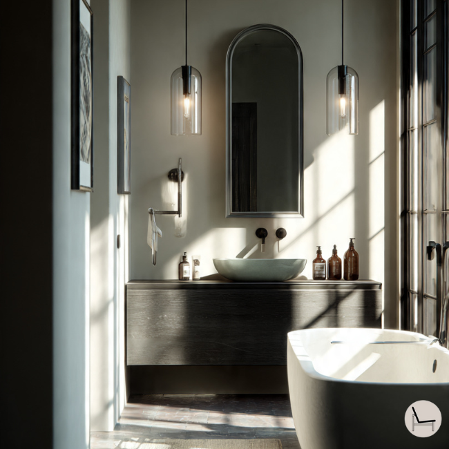 Masculine bathroom transformation showing upgraded fixtures and organized storage in men's home decor