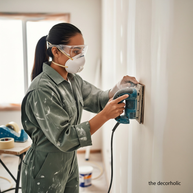 a-women-sanding-the-wall-preparing-to-get-ready-for-painting