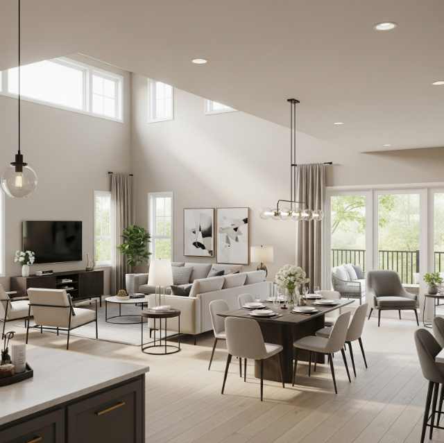 modern living room with different seating zones