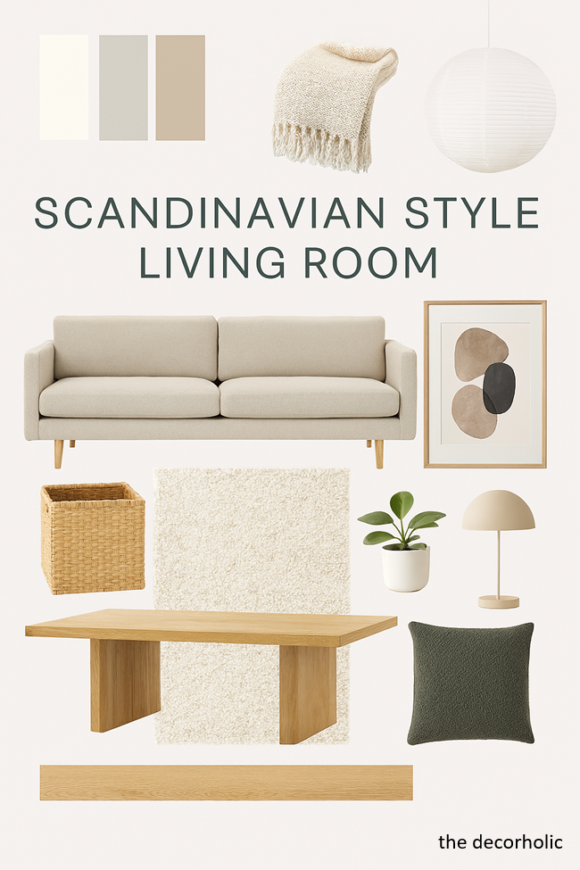 Scandinavian style living room color palette mood board