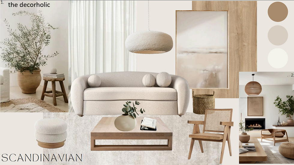 Scandinavian style living room mood board with neutral color palette