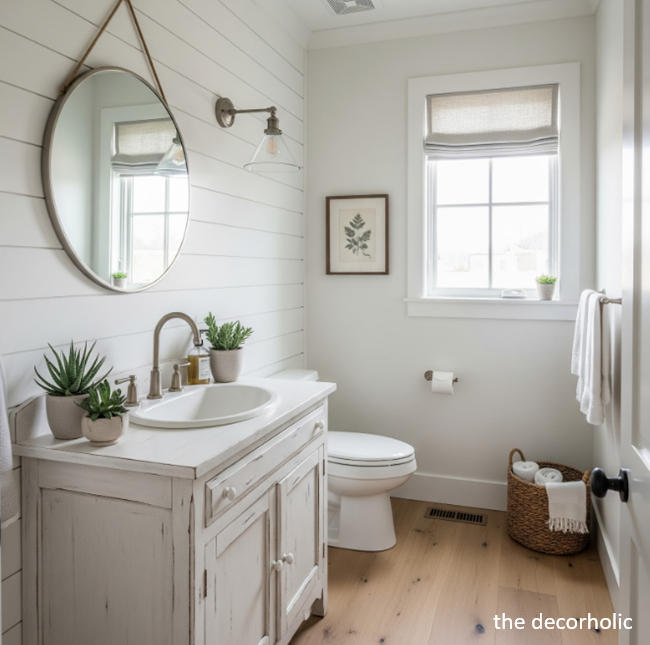 Farmhouse small space powder room with lots of natural light and wood panels