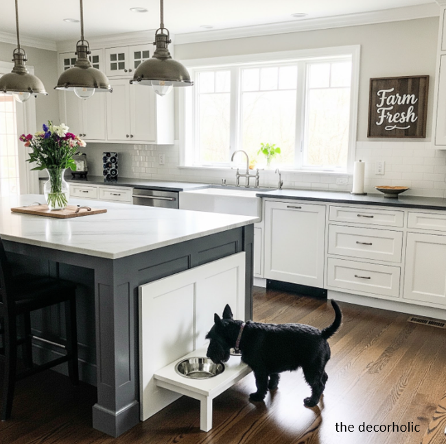 farmhouse-style-kitchen-with-a-built-in-dog-feeder-in-the-island