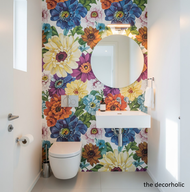 Small powder room with stick-and-peel floral wallpaper perfect for a rental apartment