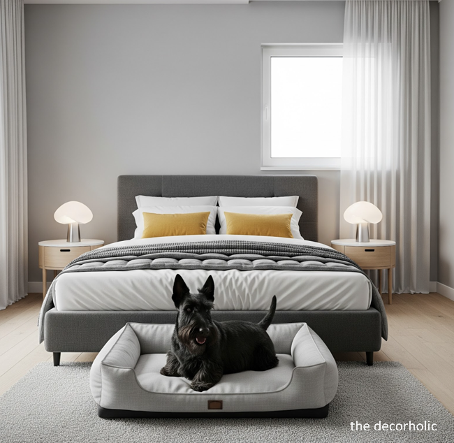 minimalist-bedroom-with-pet-friendly-home-decor-with-a-dog-bed-nest-to-bed-for-a-Scottie-terrier-dog