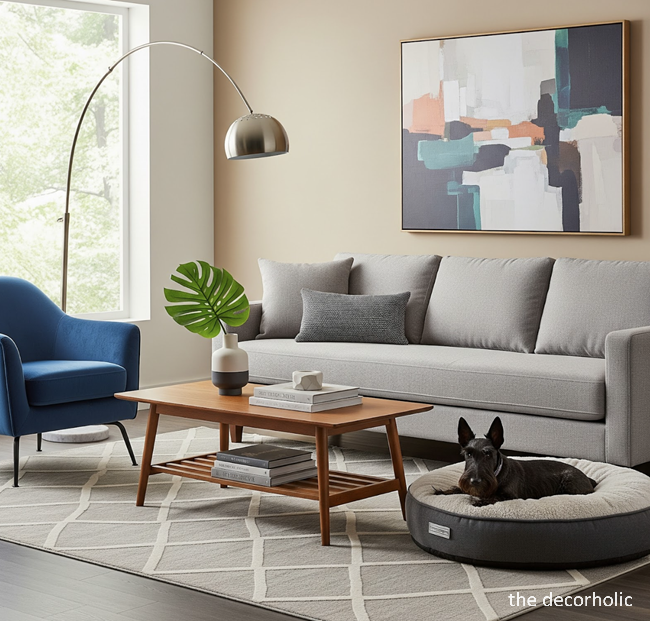 pet-friendly-home-decor-in-living-room-with-a-Scottie-terrier-laying-down-in-dog-bed