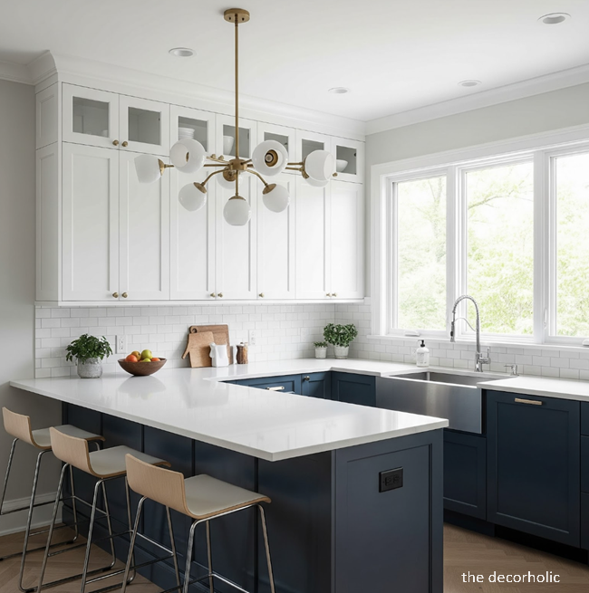 small modern kitchen with a modern ceiling fixture and neutral color palette