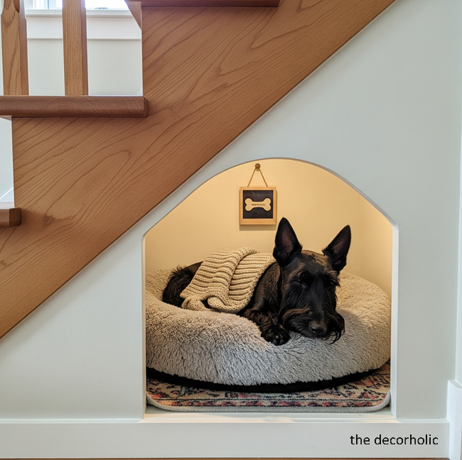 under-stairs-dog-nook-ideas-with-comfy-dog-bed