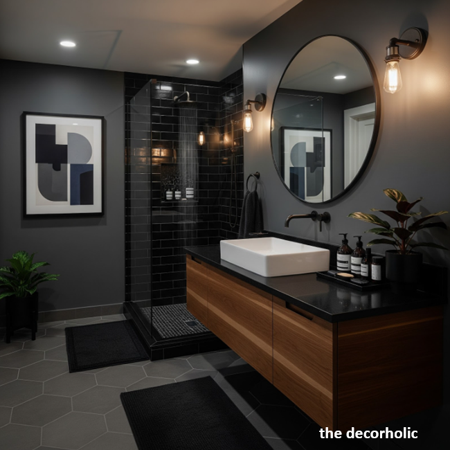 bold masculine color palette bathroom with rich wood vanitgy and dark countertops