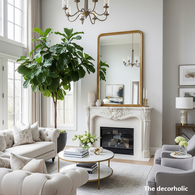 french style living room with ornate fireplace and a large fiddle leaf fig plant