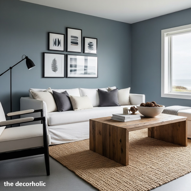 masculine, coastal living room with a bold color palette with slate-blue wall colors