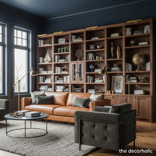 maximalist living room with a masculine color palette, navy wall colors and floor to ceiling bookshelves