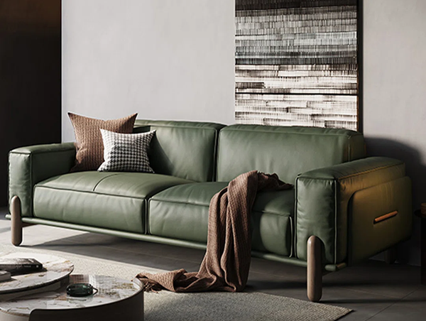 Green leather mid-century sofa for a luxurious look and feel