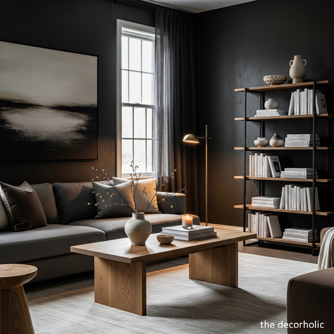 minimalist moody living room with dark wall colors and light wood coffee table and tall shelve