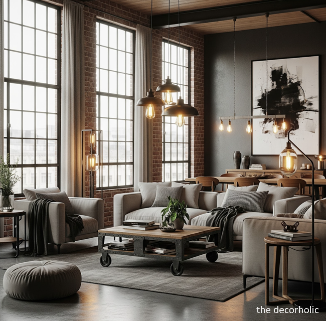 modern industrial living room with large industrial window and dark grey wall colors