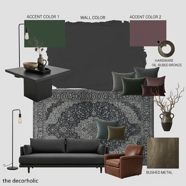 moody living room mood board showcasing all the furniture and paint color essentials