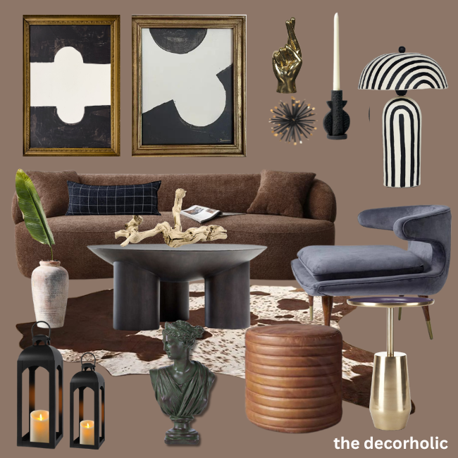 moody living room mood baord displaying a set of art and furniture essentials 