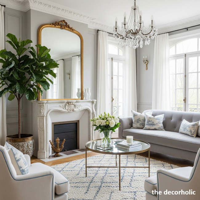 neutral French style living room with an ornate fireplace with a fiddle leaf fig plant next to it