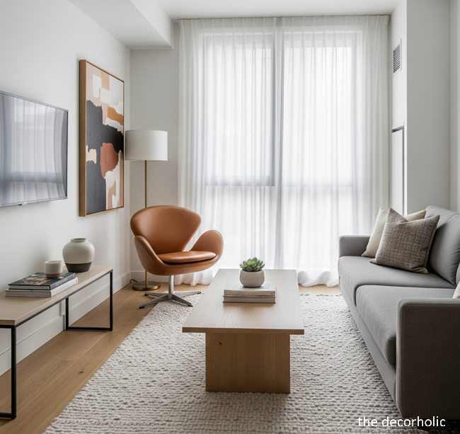 rental friendly hacks with a tan leather swan chair and white sheer window curtains