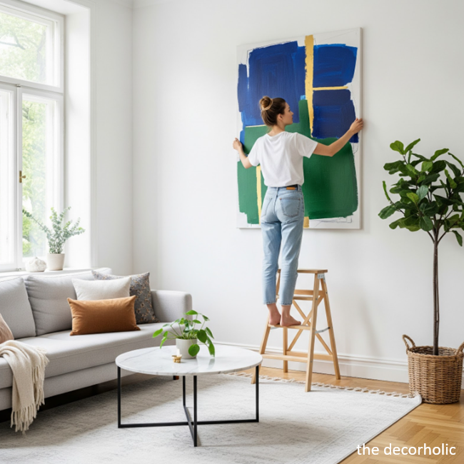 A young woman is up on a ladder hanging a large piece of wall art in her chic living room