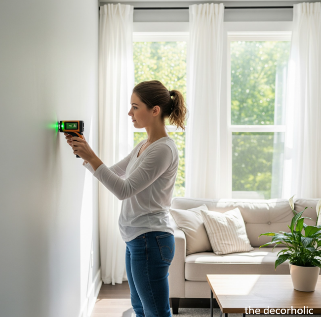 best stud finder for homeowner a young women homeowner using a stud finder to hang a large mirror
