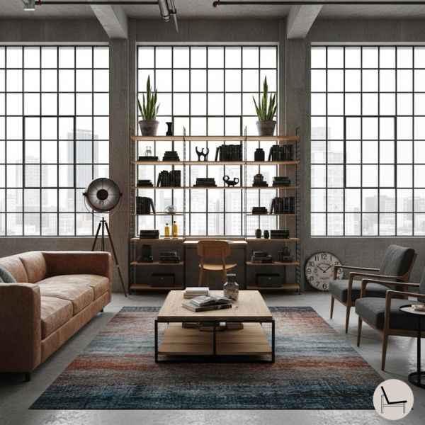mid-century wall unit in an industrial living room with floor-to-ceiling industrial windows