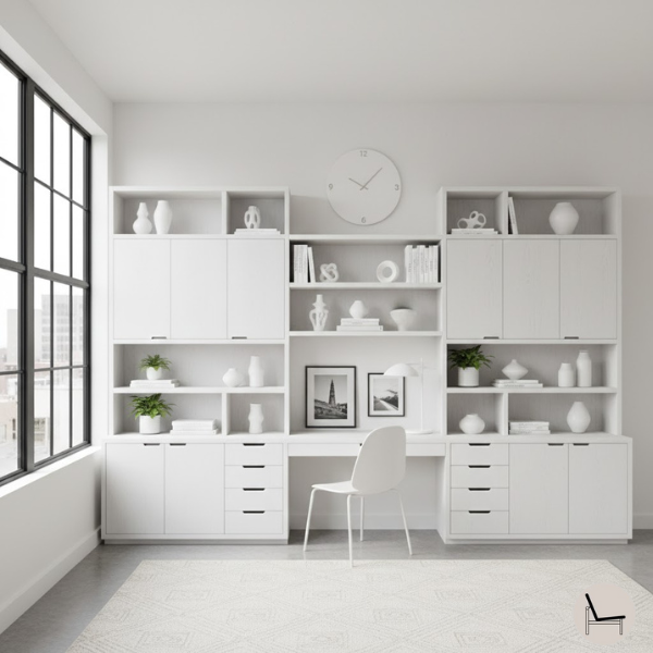 mid-century wall unit in a modern all white home office