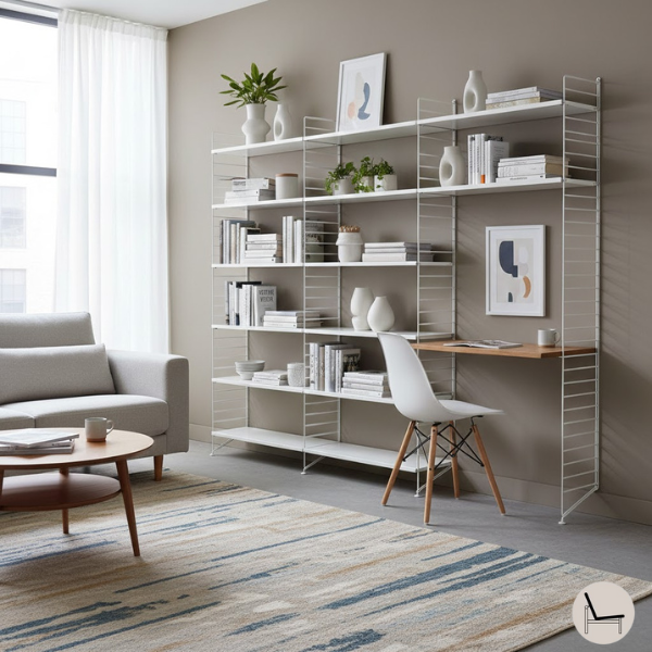 mid-century string shelf wall unite in modern living room