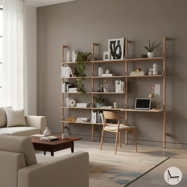 mid-century wall unit ina mid-century living room with a soft cozy brown wall