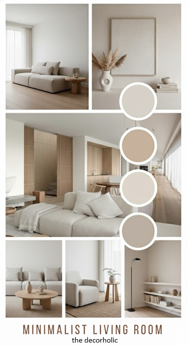 Minimalist living room mood board with all the furniture essentials and color palette
