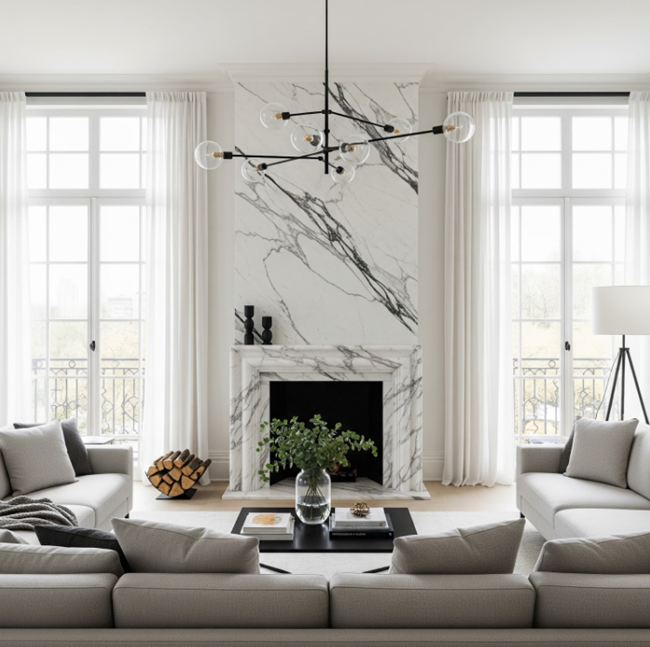 minimalist living room with an all marble firepalce