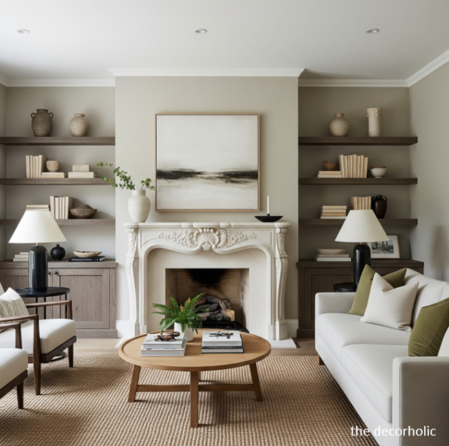 modern farmhouse living room with a french style fireplace with a soft beige wall color for a calming feel
