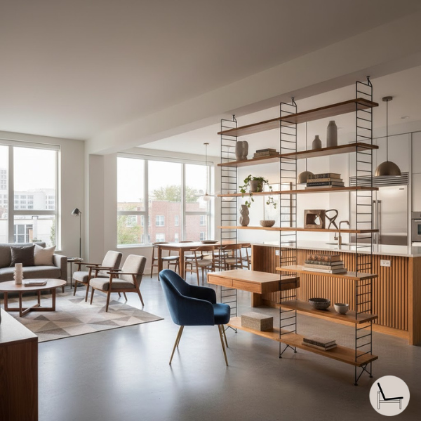 open floor plan modern home with a mid-century string wall unit shelve system
