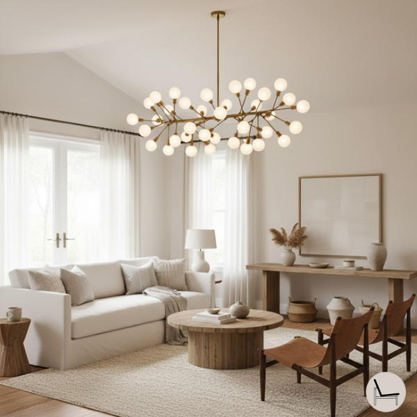 statement light fixture in a modern living room