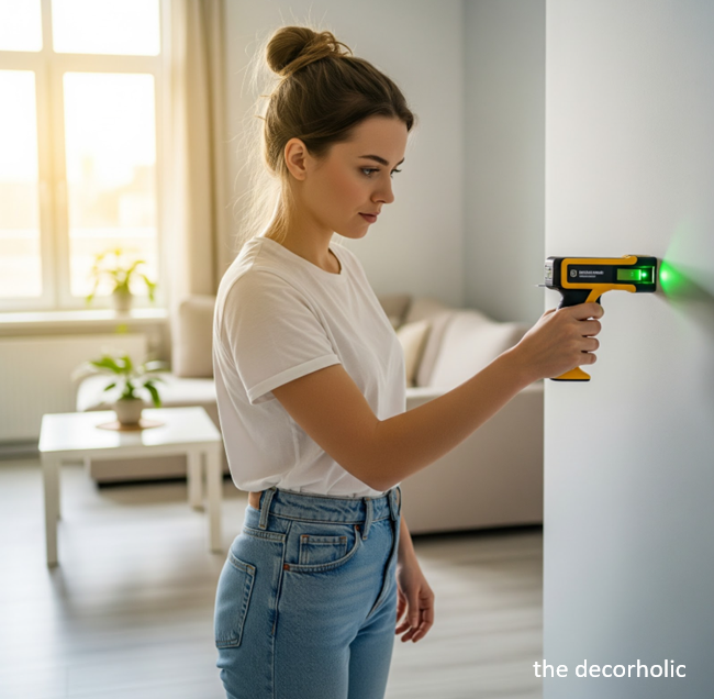 a young women homeowner using a stud finder to hang a gallery wall