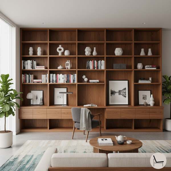 rich wood mid-century wall unit in a modern cozy living room