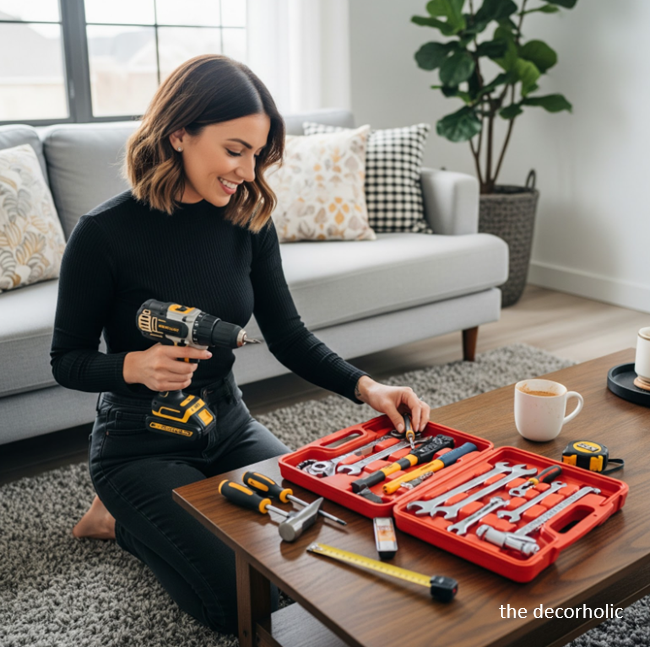 young lady holding and testing a best home tool set in a chic living room