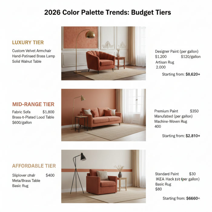 2026 color palette trends budget guide showing three transformation levels from $200 to $1500 for interior design updates