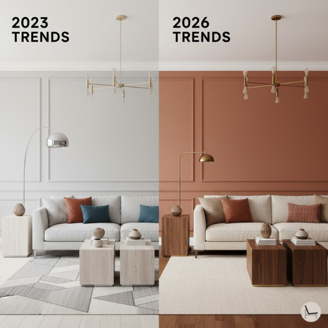 2026 color palette trends versus 2023 color trends showing evolution from cool minimalism to warm biophilic design