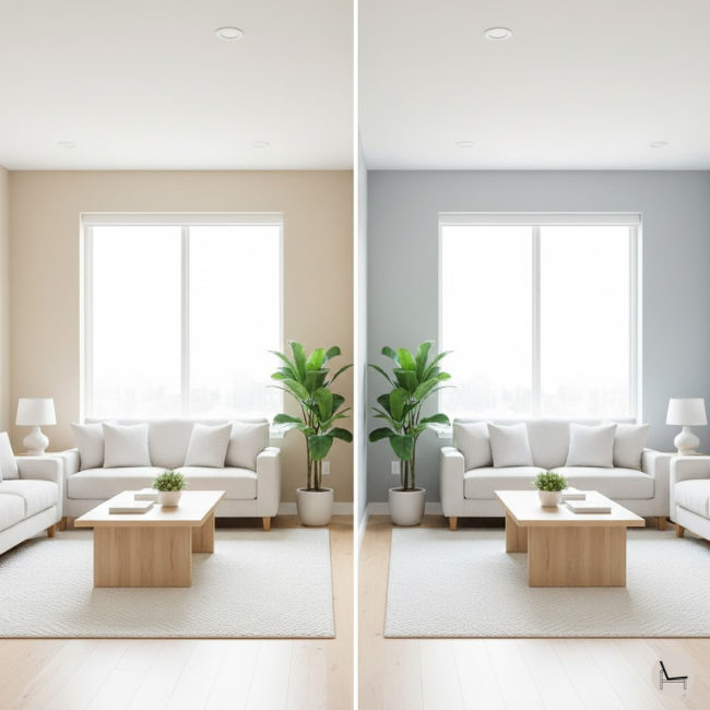 Warm neutral paint colors versus cool neutral paint colors room comparison