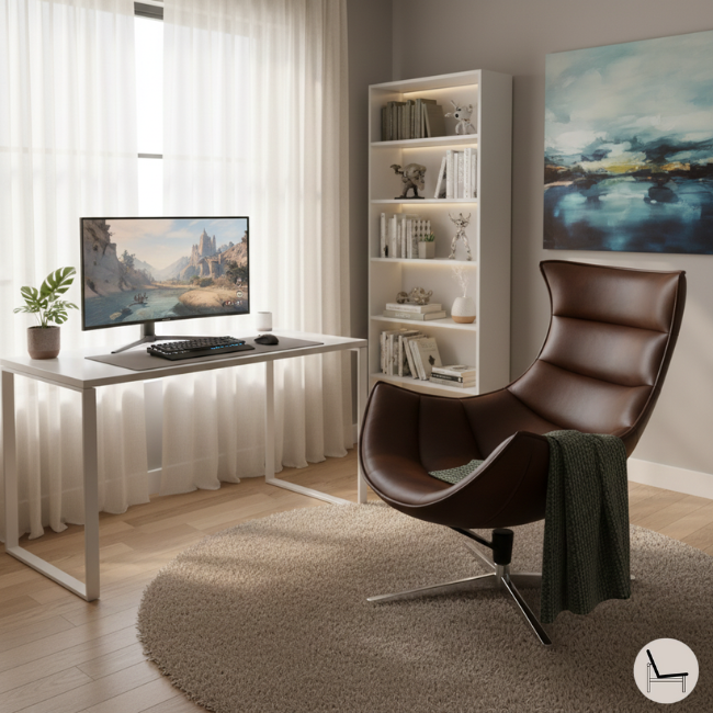 cozy modern gaming room with a leather swivel gaming chair