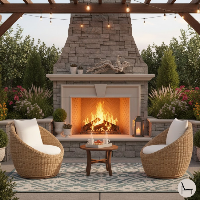 patio with a large fireplace setting a relaxing mood with a pair of huntington petitie swivel patio chairs from pottery barn